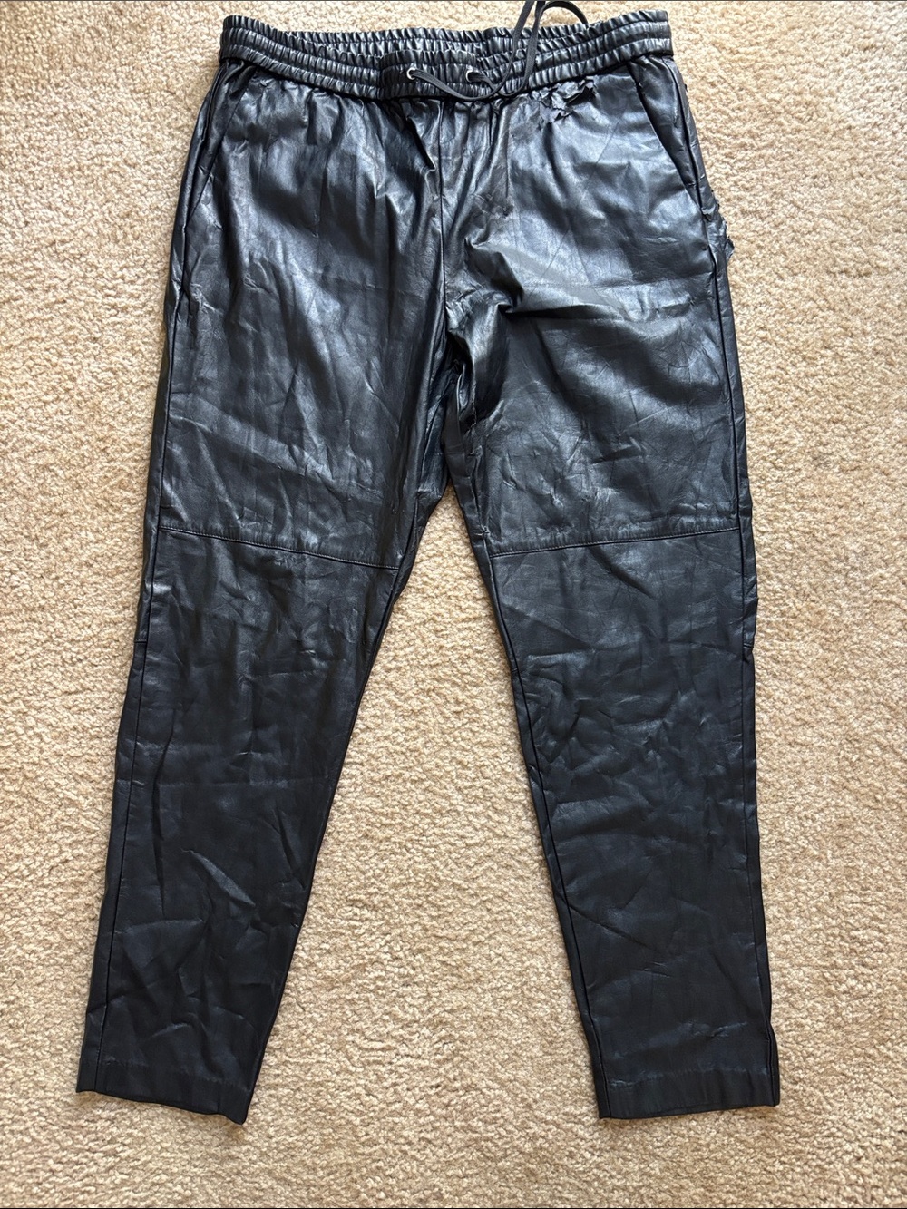 H&M Black Faux Leather Joggers with Drawstring Waist